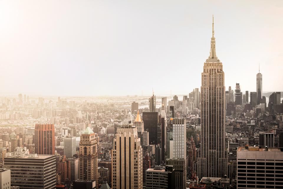 The city skyline at dusk